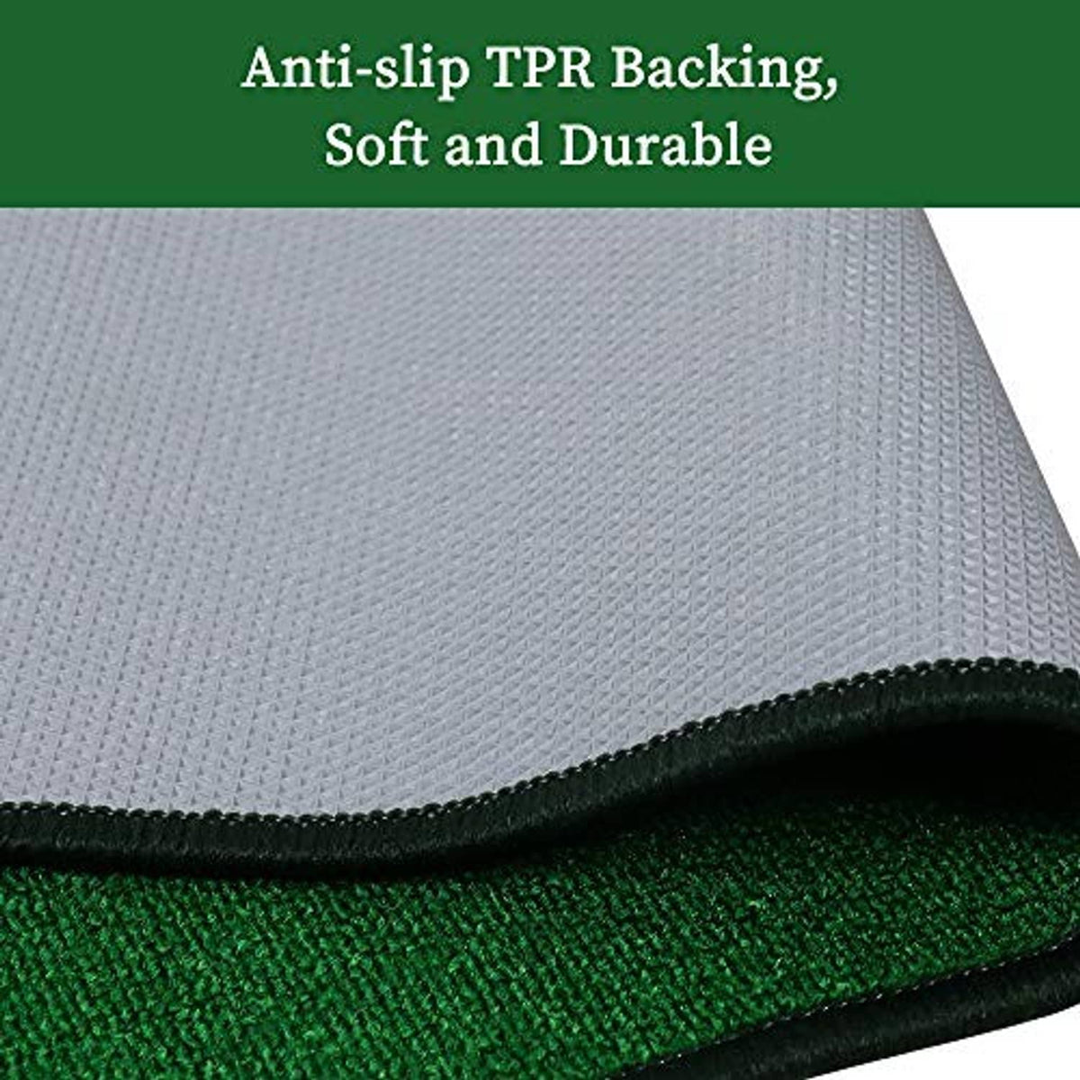Close-up of golf putting mat corner showing textured anti-slip backing and black trim