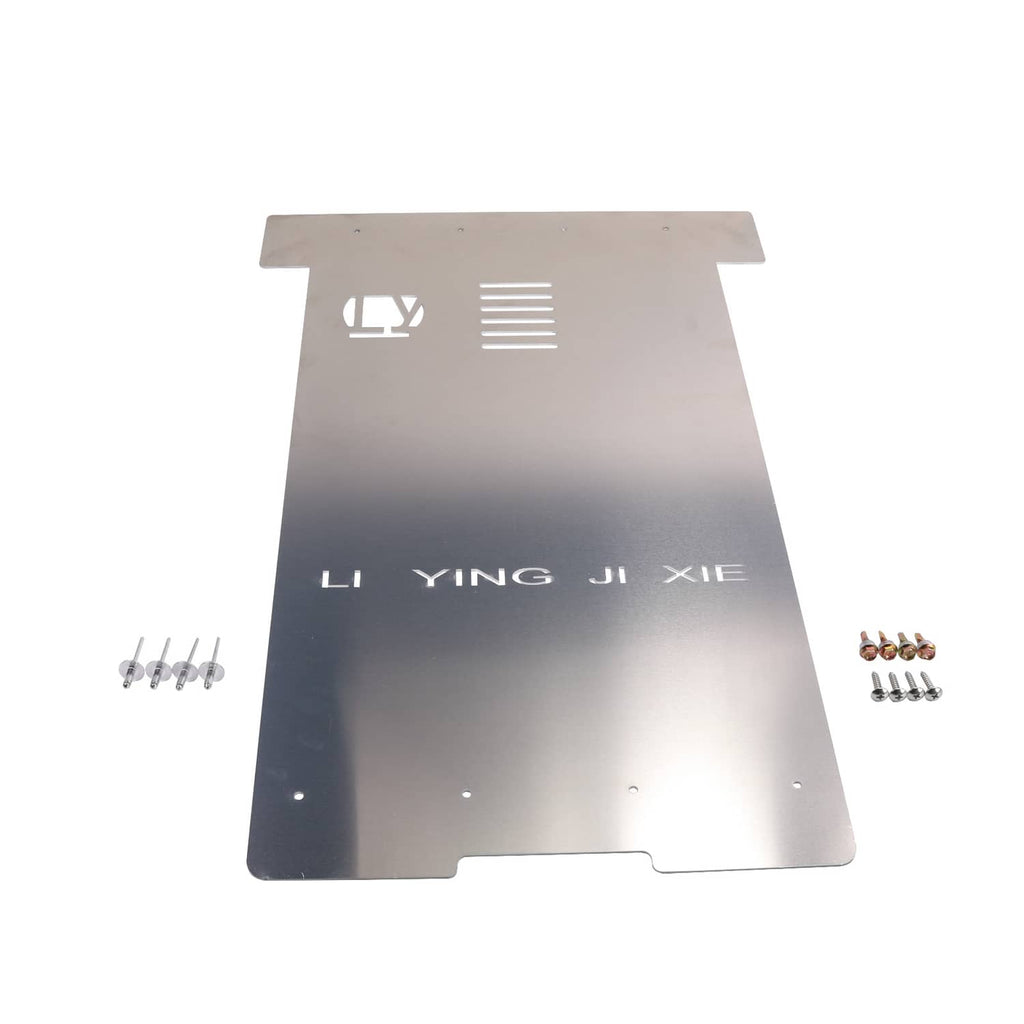 Catalytic converter heat shield with central vent and side tabs; screws shown at sides