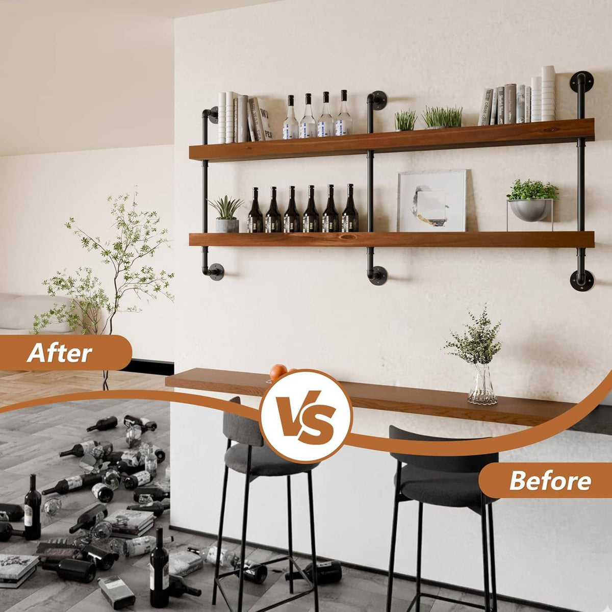 Wall-mounted 2-tier wine rack with black pipes and wooden shelves in a dining area