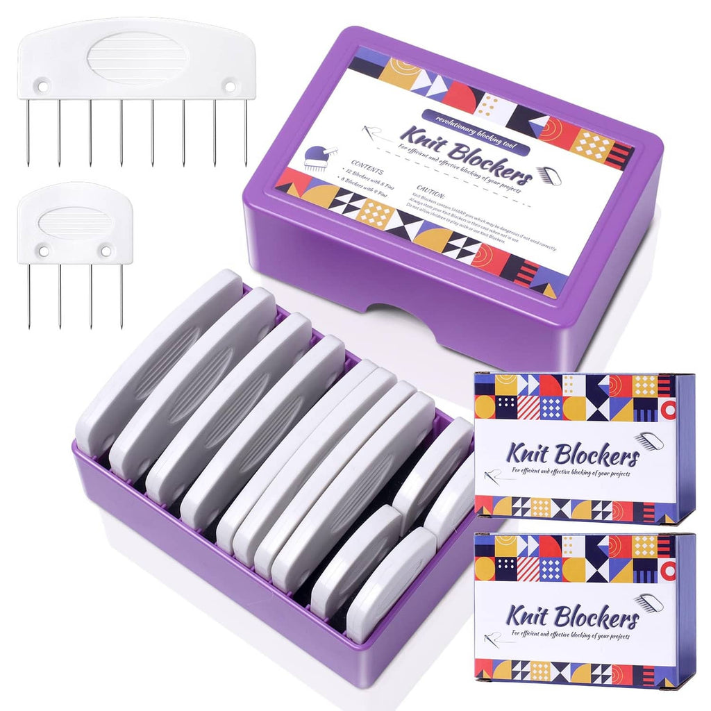 Knit blocking pin kit with purple storage case and white long blocker needles