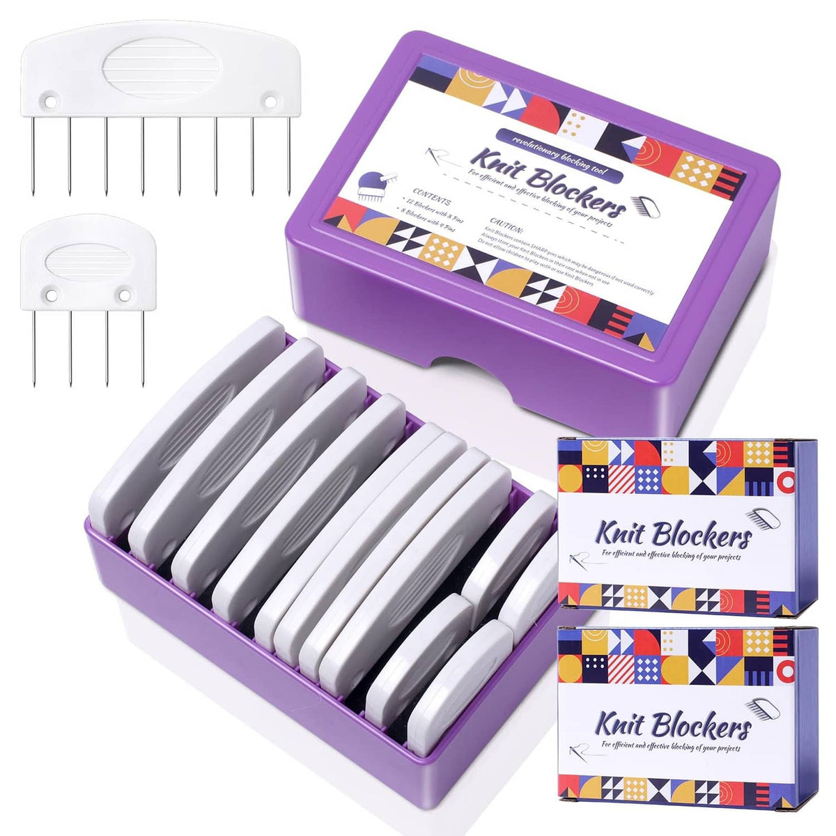 Knit blocking pin kit with purple storage case and white long blocker needles
