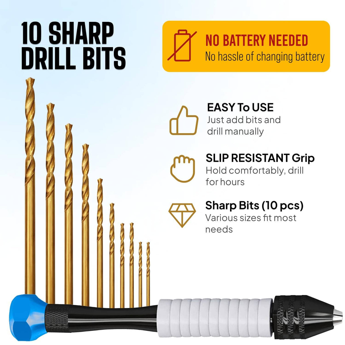 Pin vise hand drill tool with 10 micro drill bits, blue handle and white segmented grip