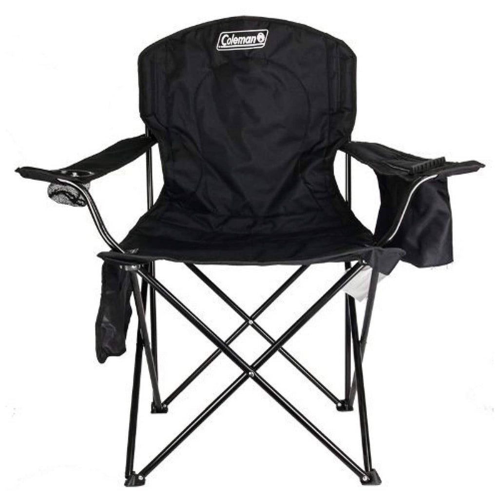 Coleman quad camp chair with cushioned seat, black cooler armrest pockets