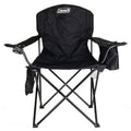 Coleman quad camp chair with cushioned seat, black cooler armrest pockets