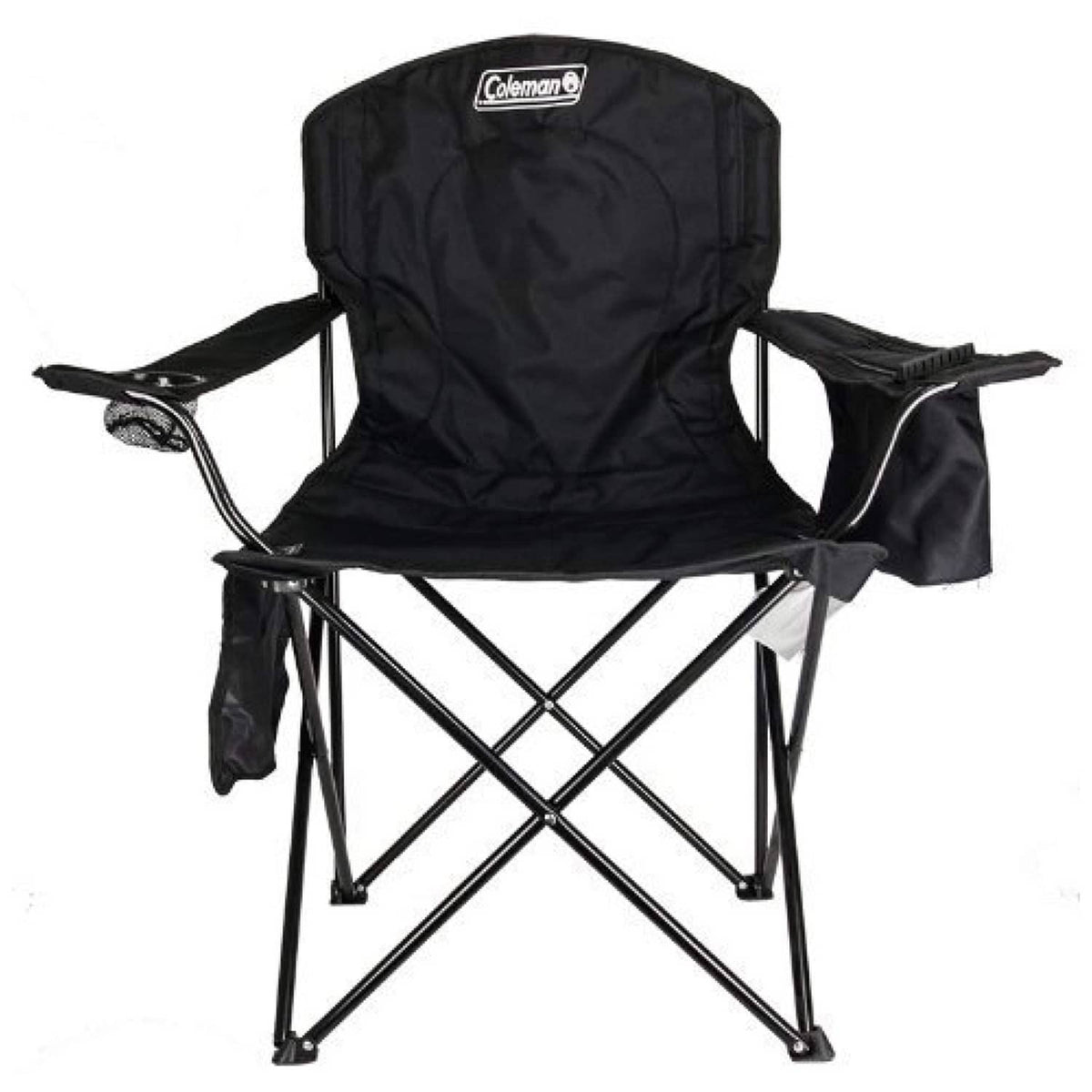 Coleman quad camp chair with cushioned seat, black cooler armrest pockets