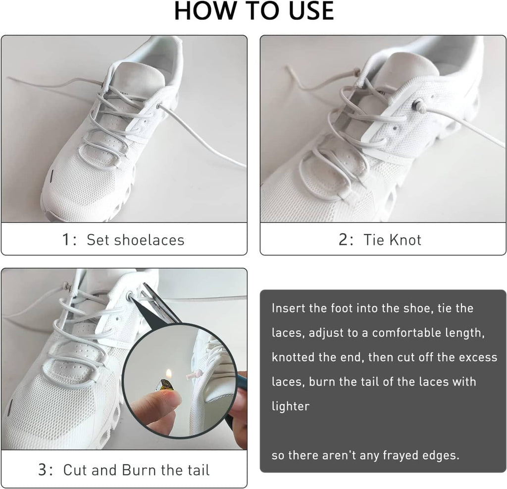 Elastic shoe laces with knot and trimmed tail instructions for secure fit