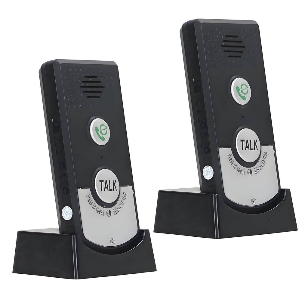 Black wireless intercom pager units with TALK button and speaker grille on charging stands