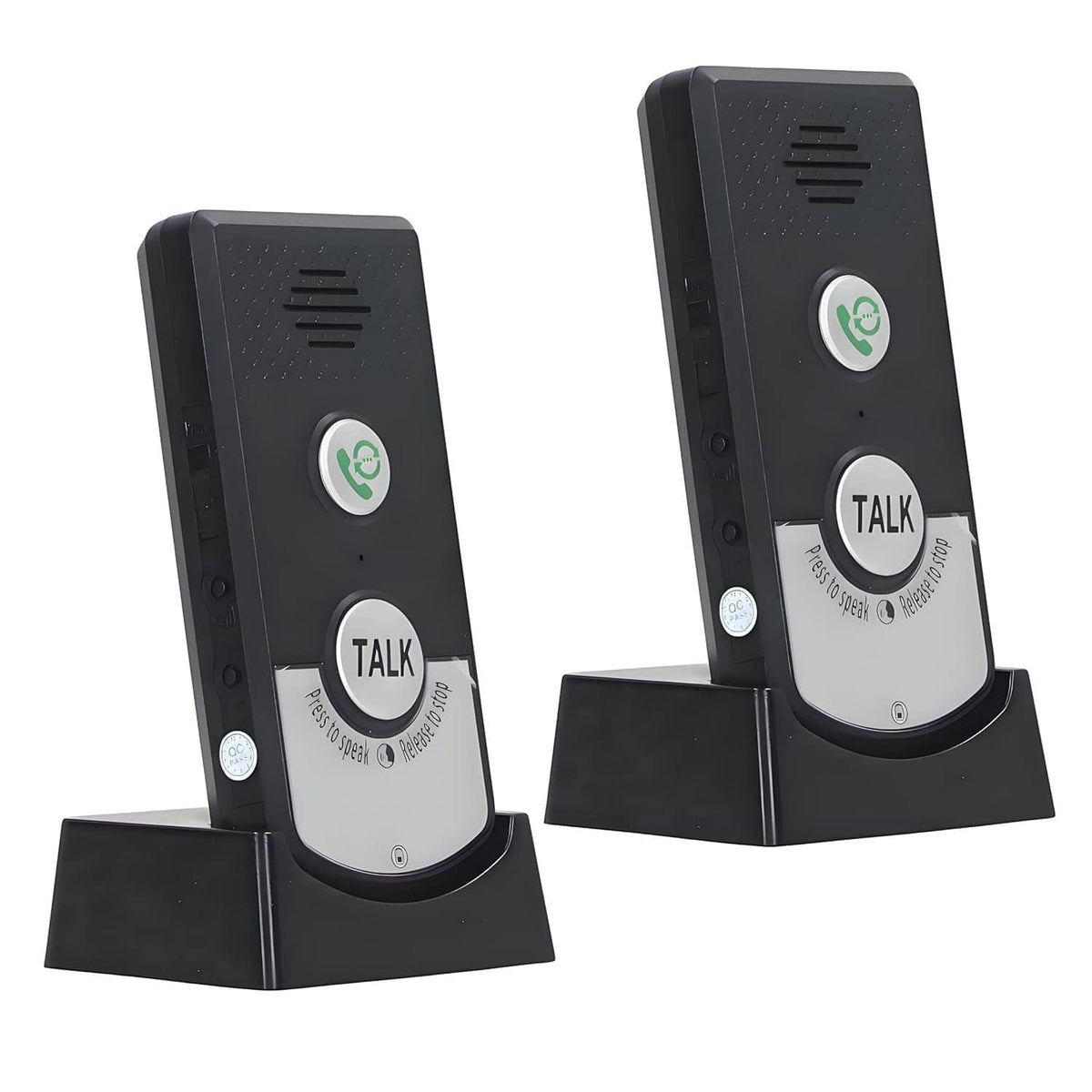 Black wireless intercom pager units with TALK button and speaker grille on charging stands