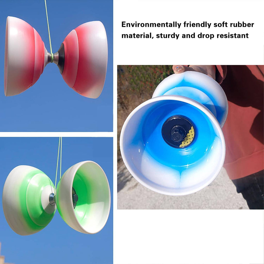 Blue diabolo juggling wheel with visible axle bearing and soft rubber surfaces.