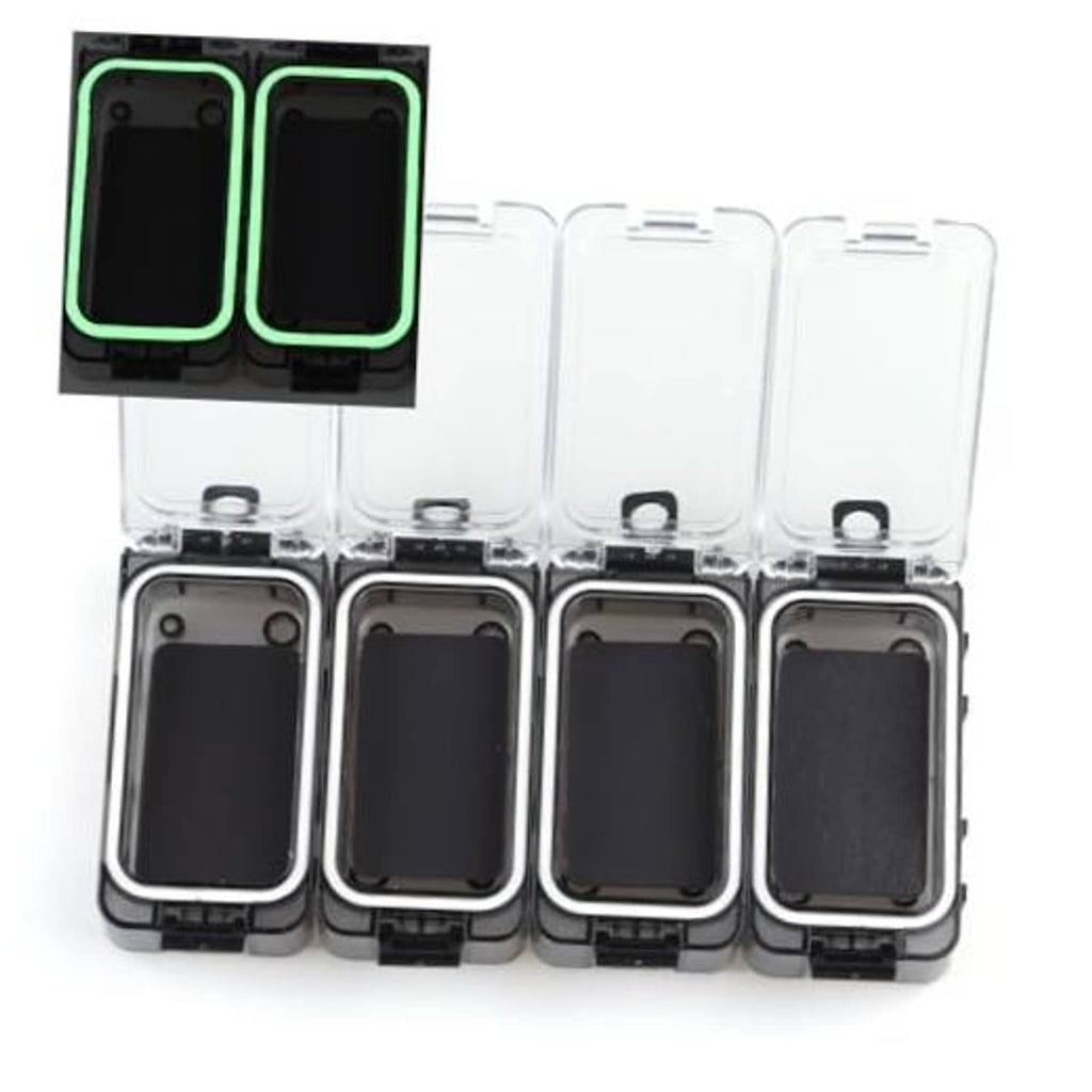 Magnetic waterproof organizer with four small black storage boxes and clear lids