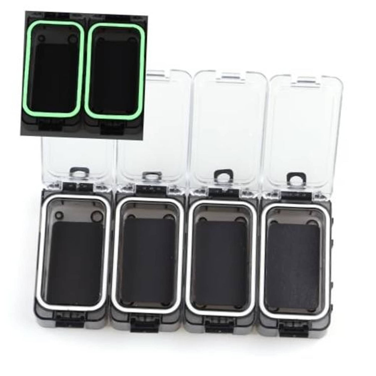 Magnetic waterproof organizer with four small black storage boxes and clear lids