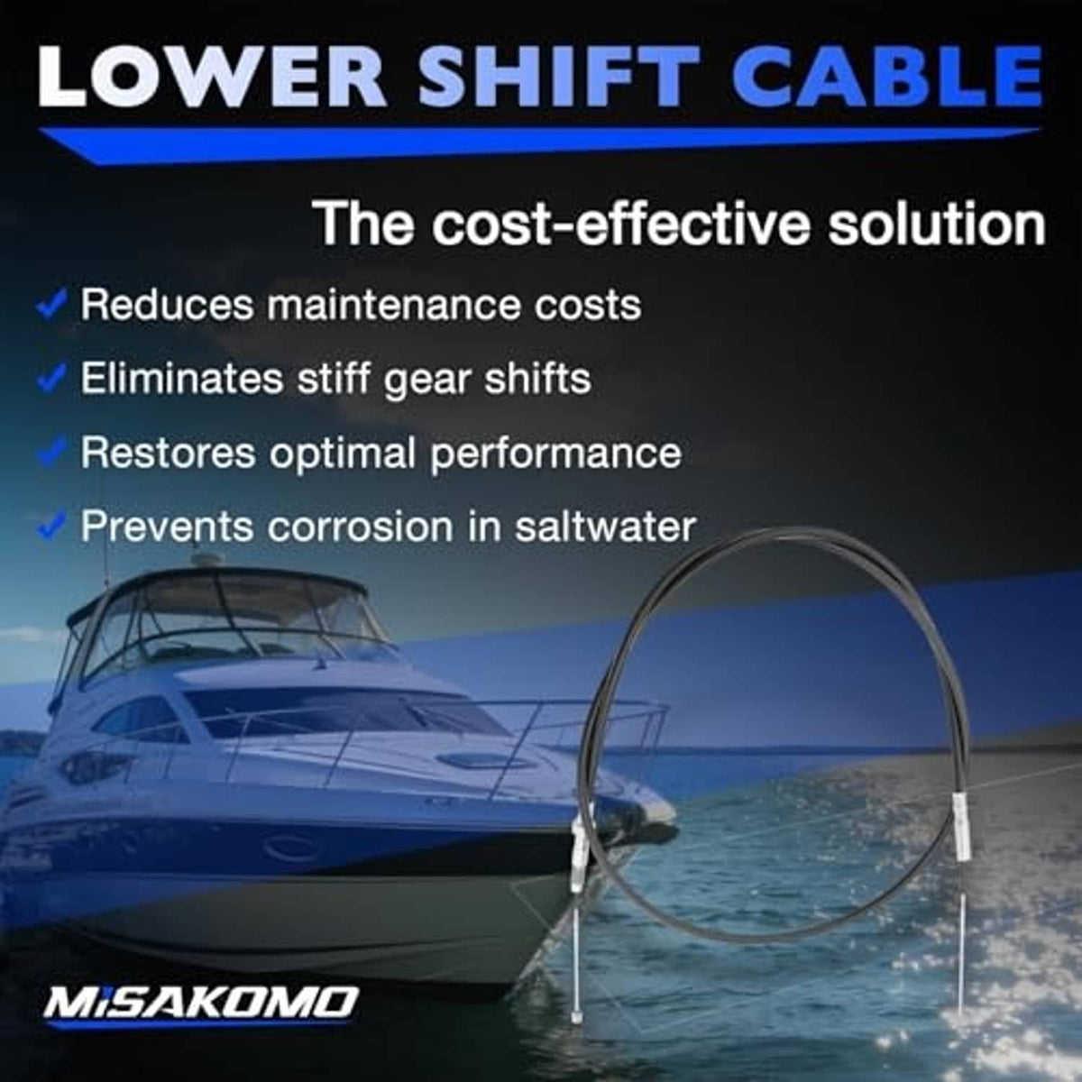 Lower shift cable with two silver end fittings and black cable loop, marine replacement kit