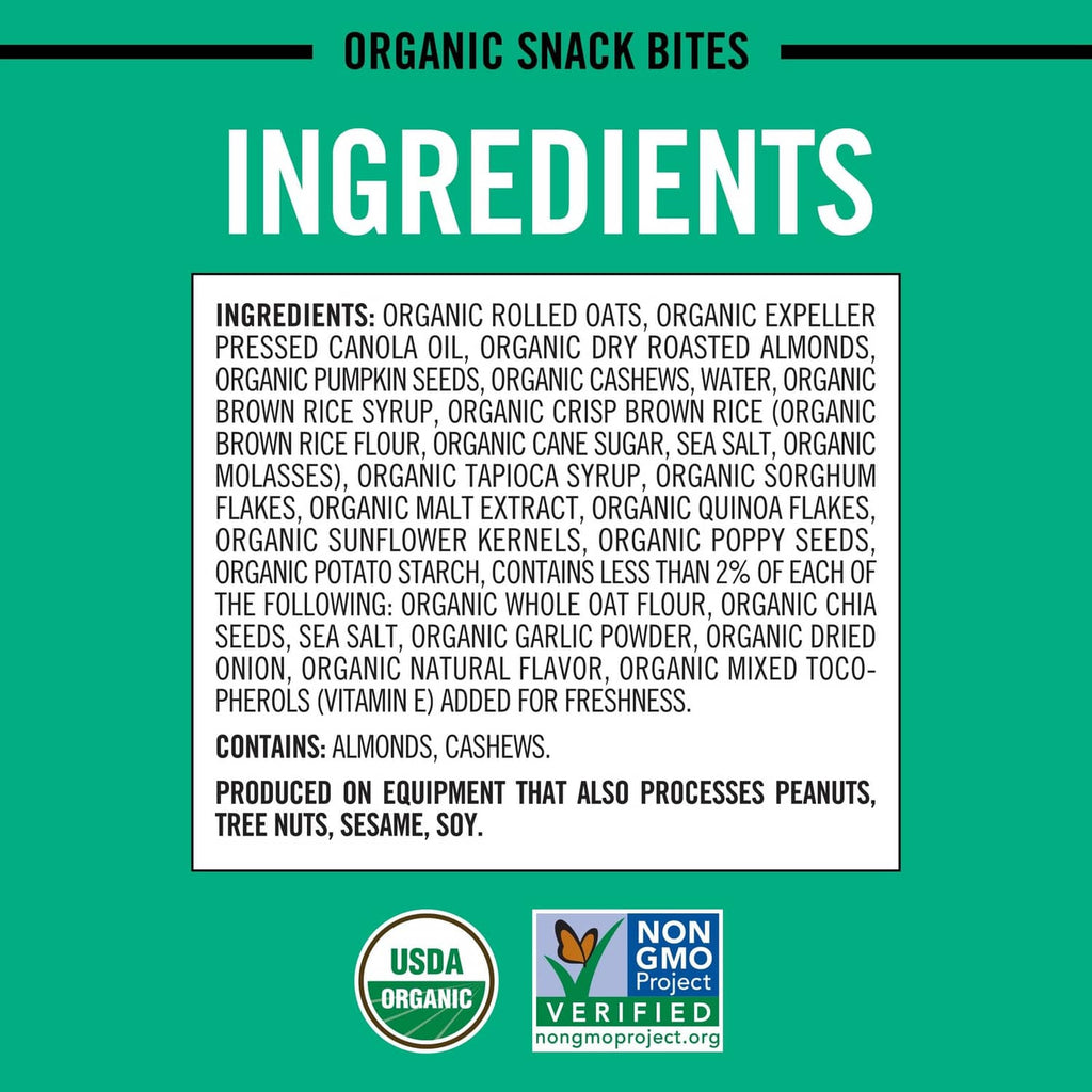 Dave's Killer Bread organic snack bites ingredients label on pouch