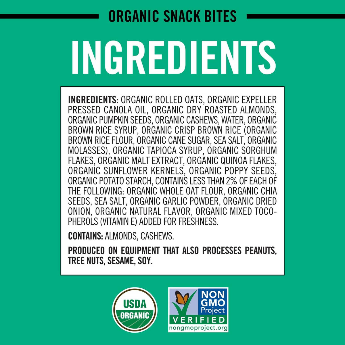 Dave's Killer Bread organic snack bites ingredients label on pouch