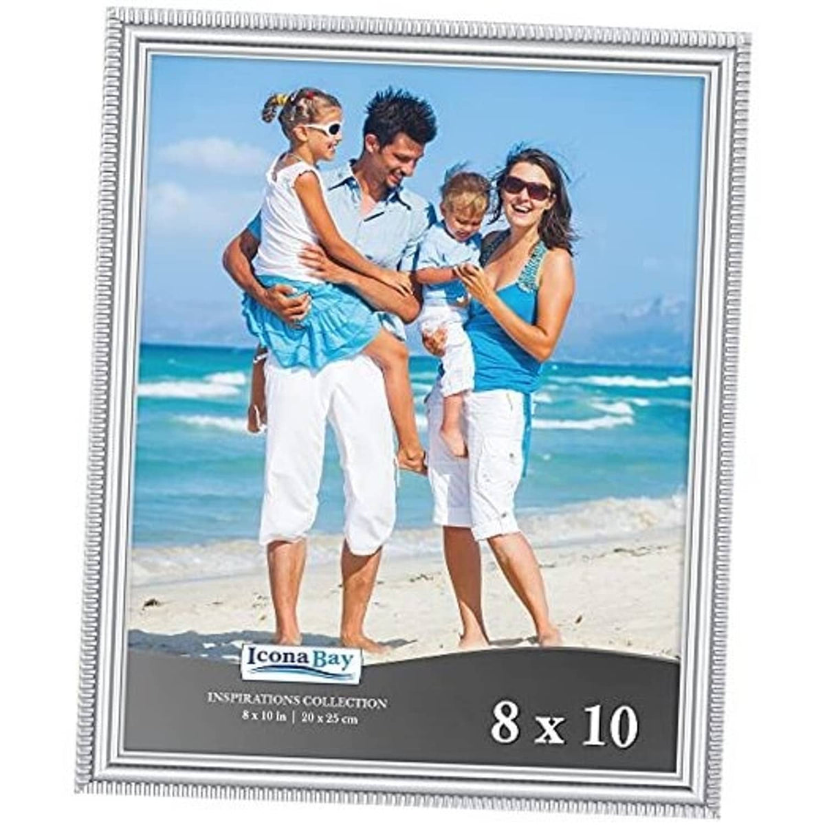 Silver 8x10 picture frame with beaded edge, holding a family photo on the beach