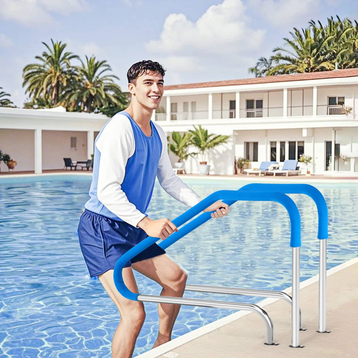 Stainless steel pool ladder handrail with blue top grips and curved side rail