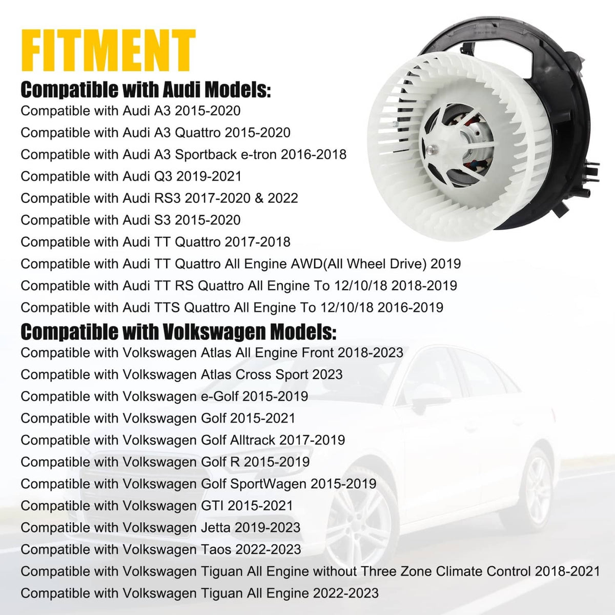 Heater blower motor with white fan wheel and black housing, angled side profile