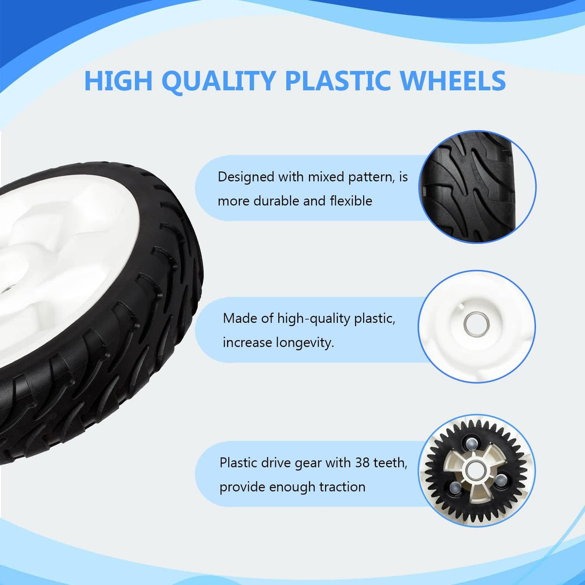 White plastic hub and black treaded tire lawn mower wheel, side and close-up details