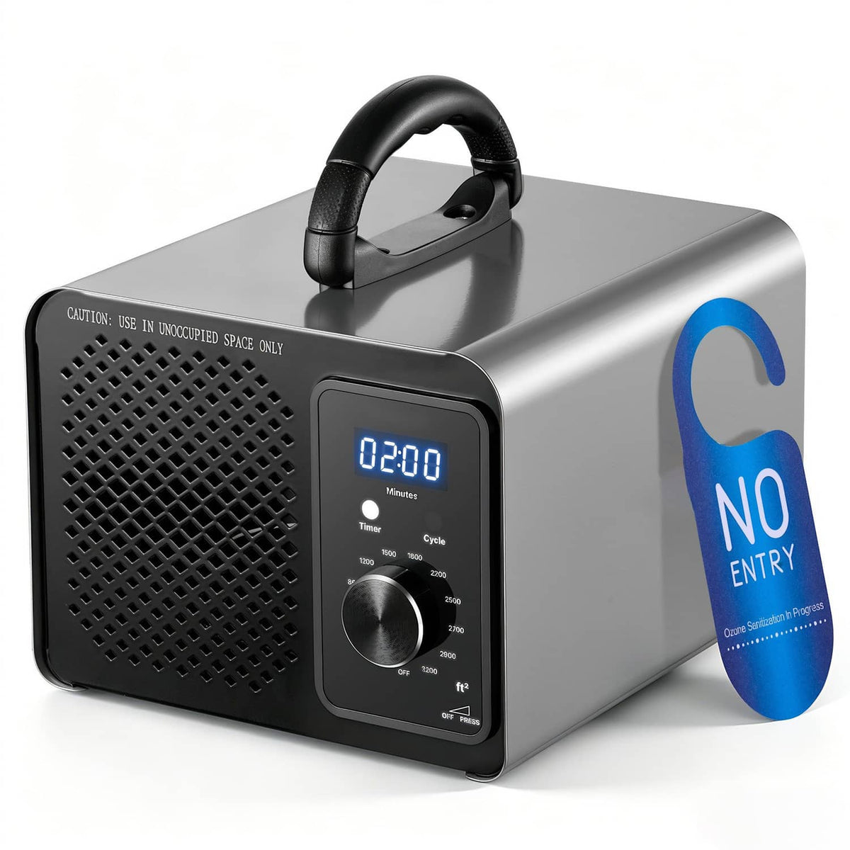 Commercial ozone generator with handle, gray body, blue 02:00 display, and NO ENTRY sign