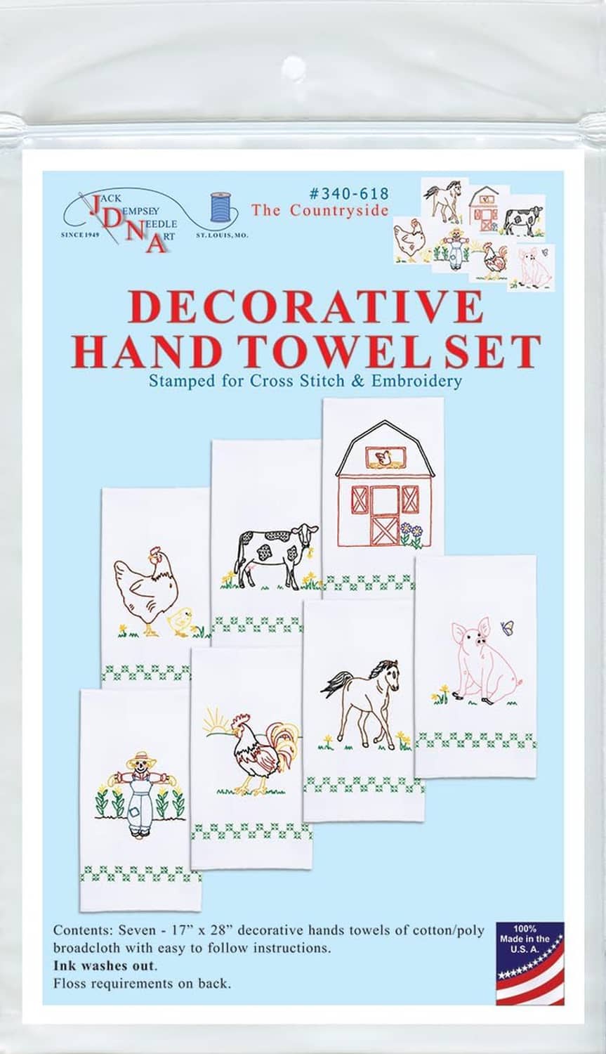 Hand towel set box showing countryside decorative towel design and product label