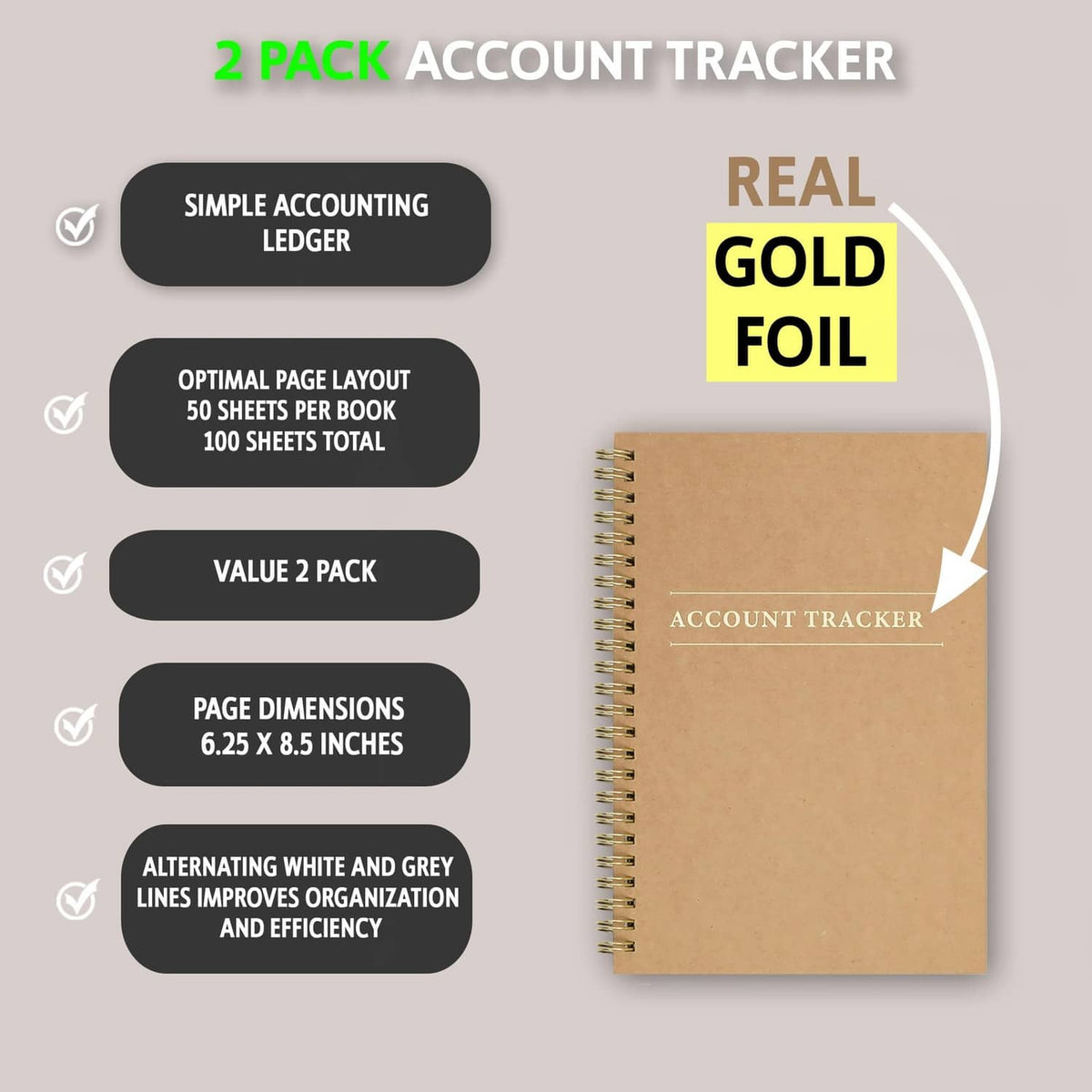 Tan spiral-bound account tracker ledger with gold foil and “ACCOUNT TRACKER” text