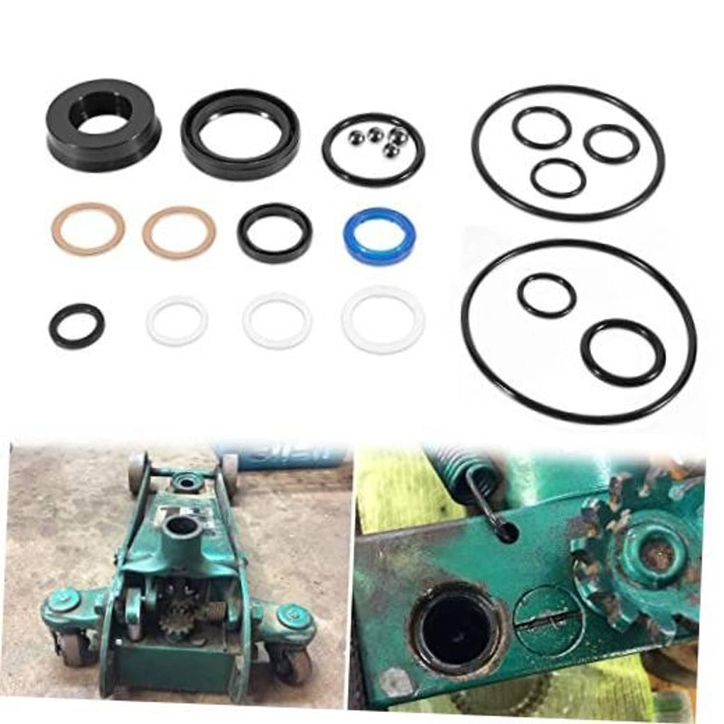 Floor jack seal kit parts: black seals, O-rings, and blue ring