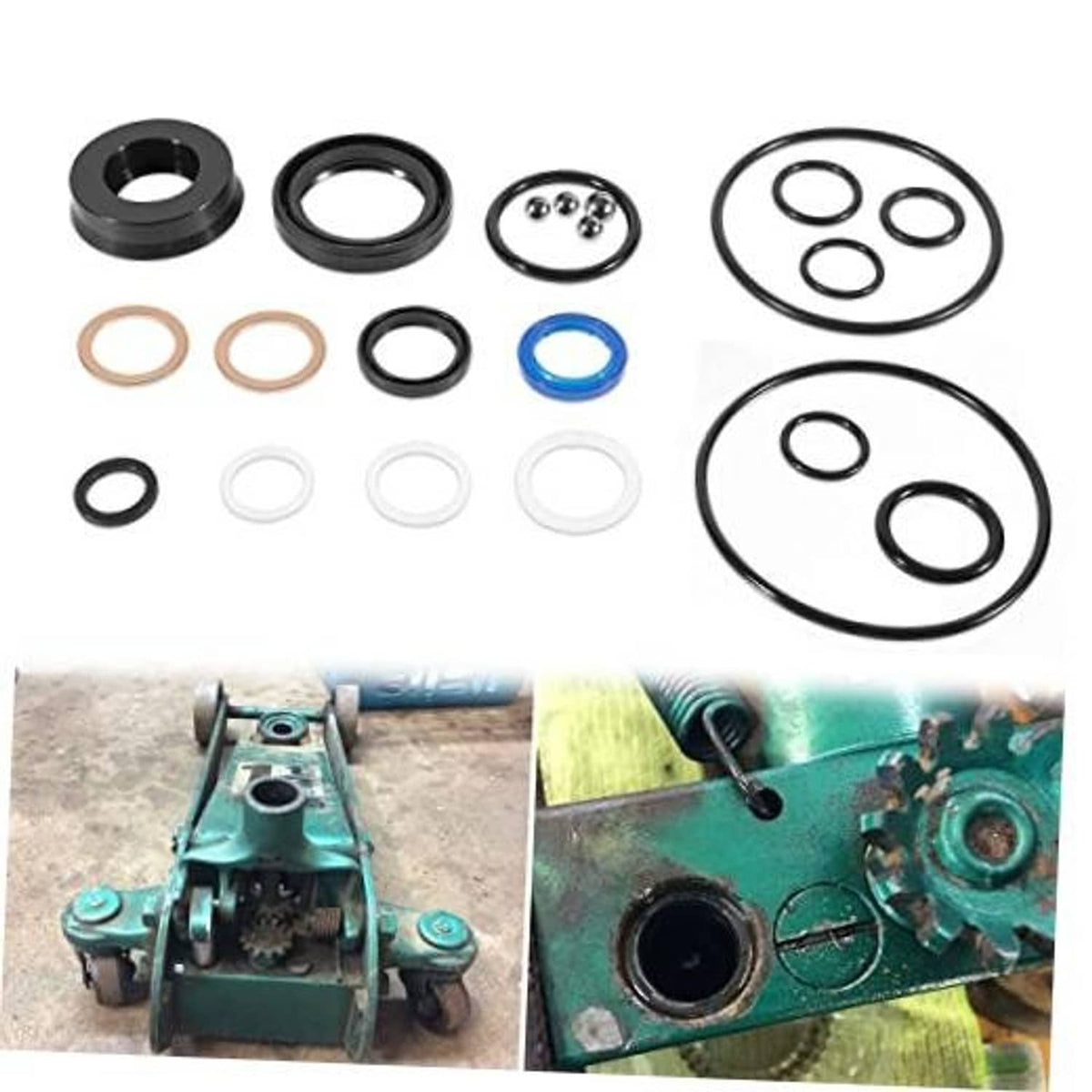 Floor jack seal kit parts: black seals, O-rings, and blue ring