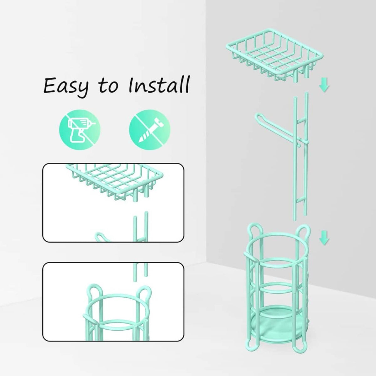 Mint freestanding toilet paper roll holder stand with top wire basket, install view