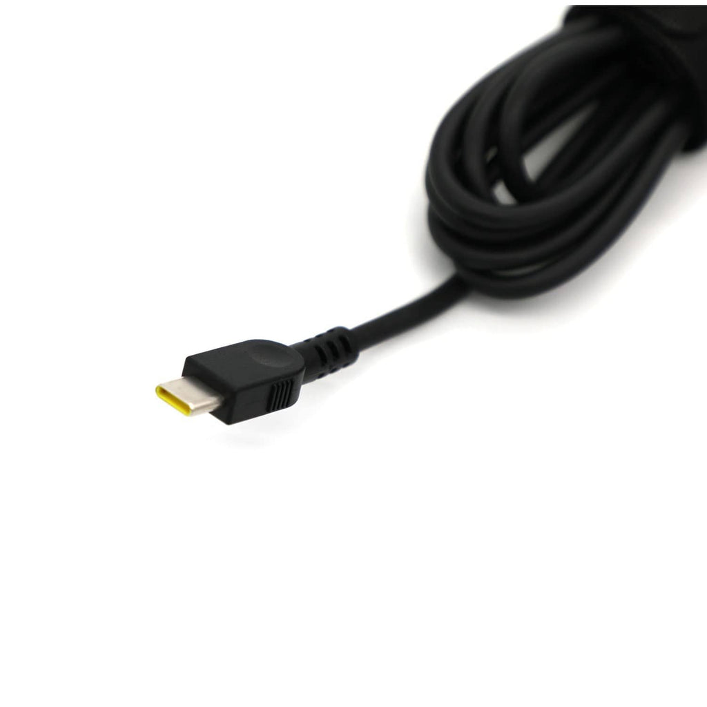 USB-C plug cable end for black laptop charger, with yellow-tipped connector
