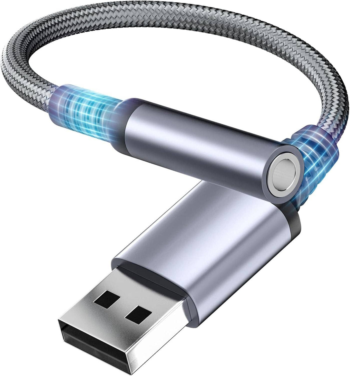 Braided USB-A to 3.5mm audio jack adapter with silver housings and blue trim
