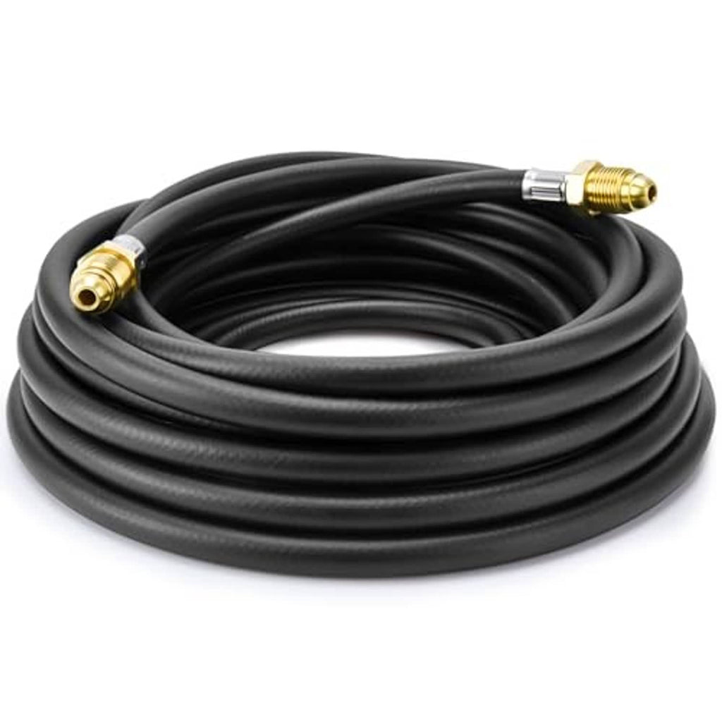 Coiled black welding gas hose with brass male fittings, 30 ft length