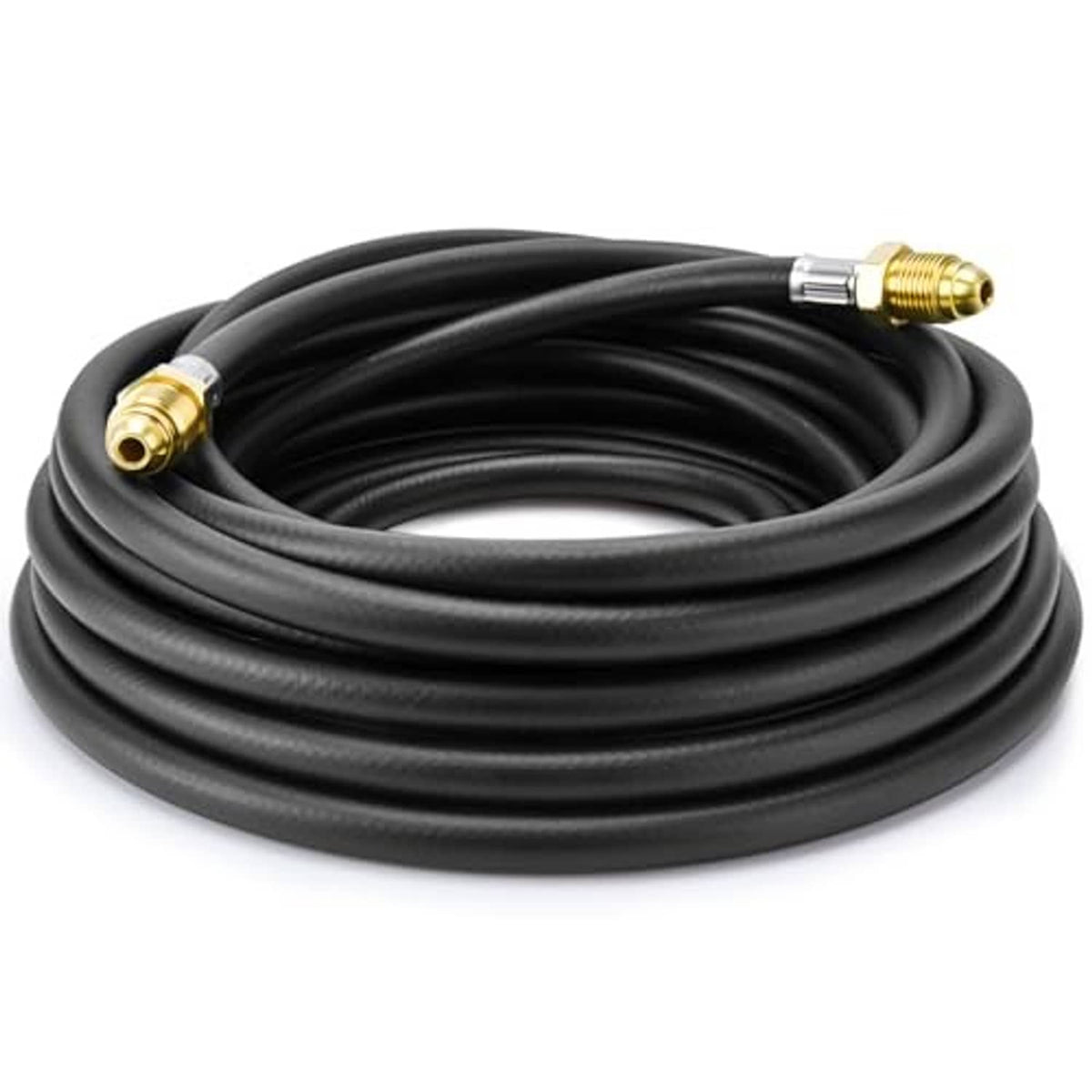 Coiled black welding gas hose with brass male fittings, 30 ft length