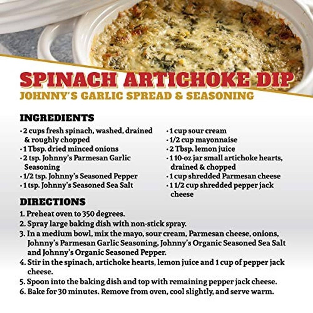 Garlic spread seasoning recipe label for spinach artichoke dip with ingredients and steps
