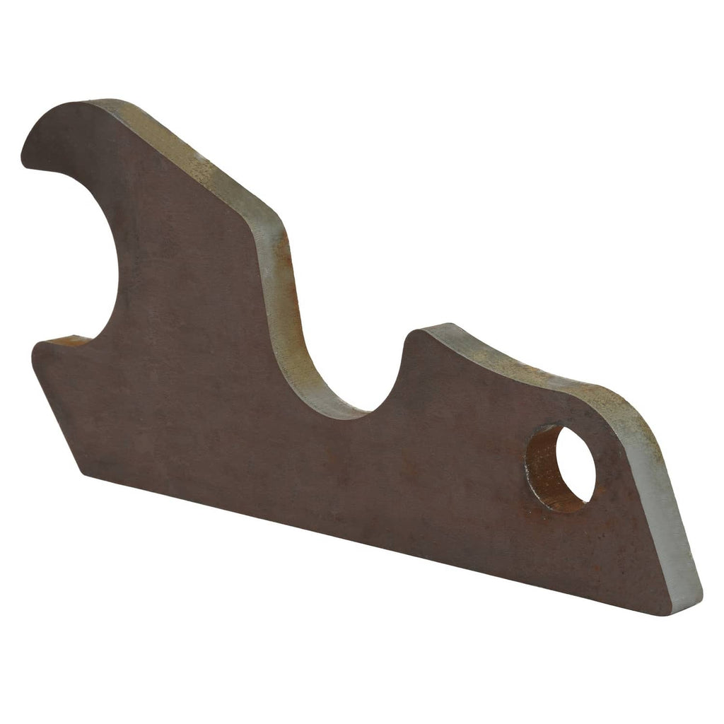 Bucket ears attachment bracket, brown metal with arched cutouts and round side hole