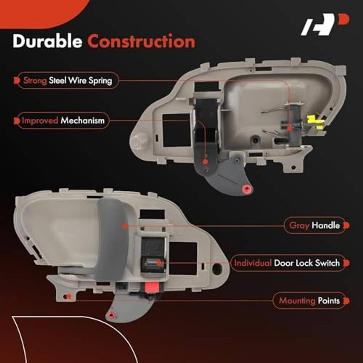 Interior door handle assembly cutaway showing mechanism, gray handle, lock switch area