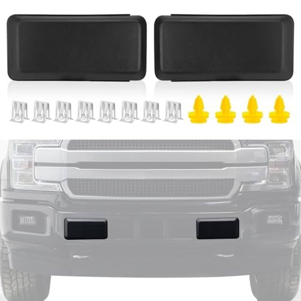 Two dark front bumper guard pad covers with metal clips and yellow mounting tabs