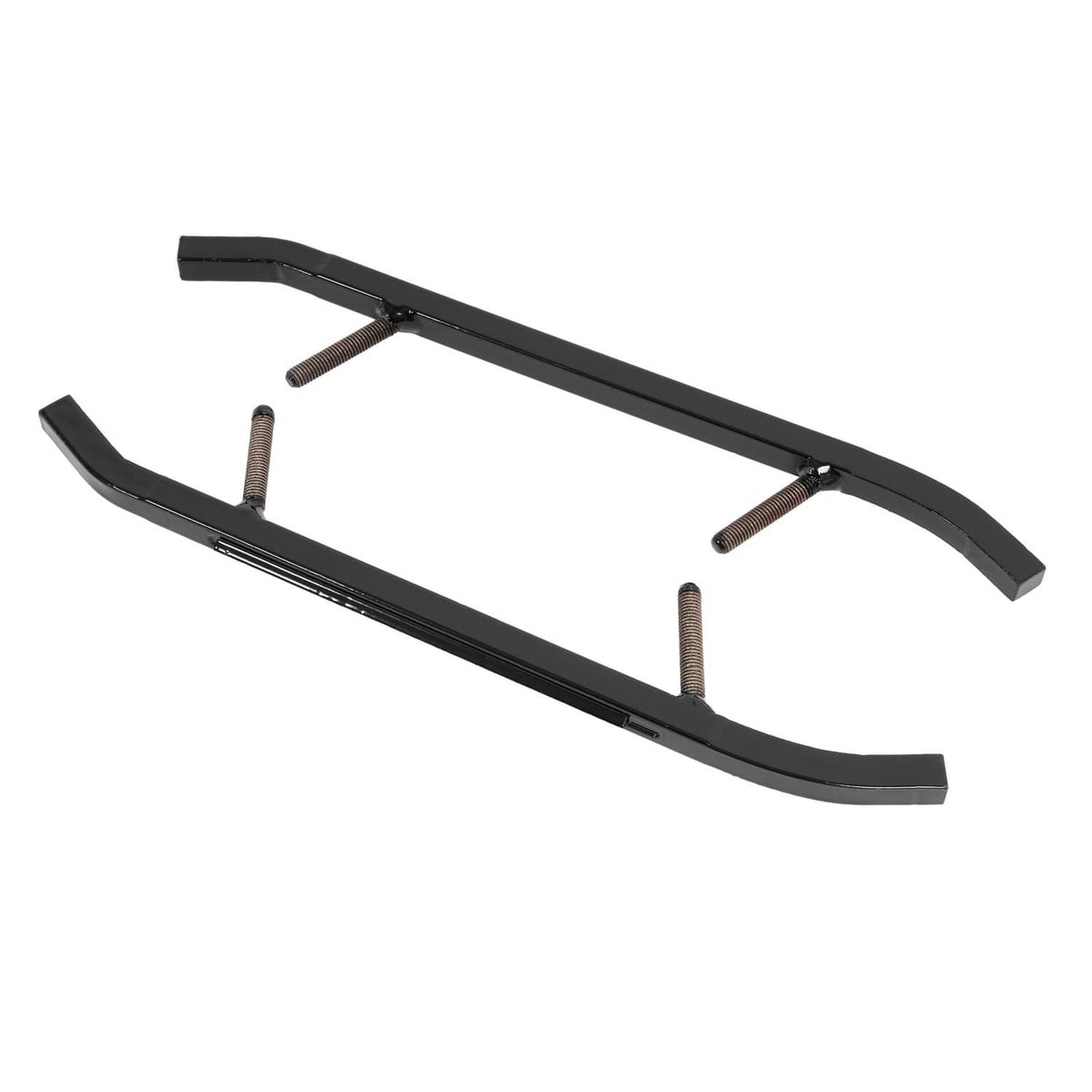 Black powder-coated ski wear bar with mounting bolt hardware, curved runner ends.