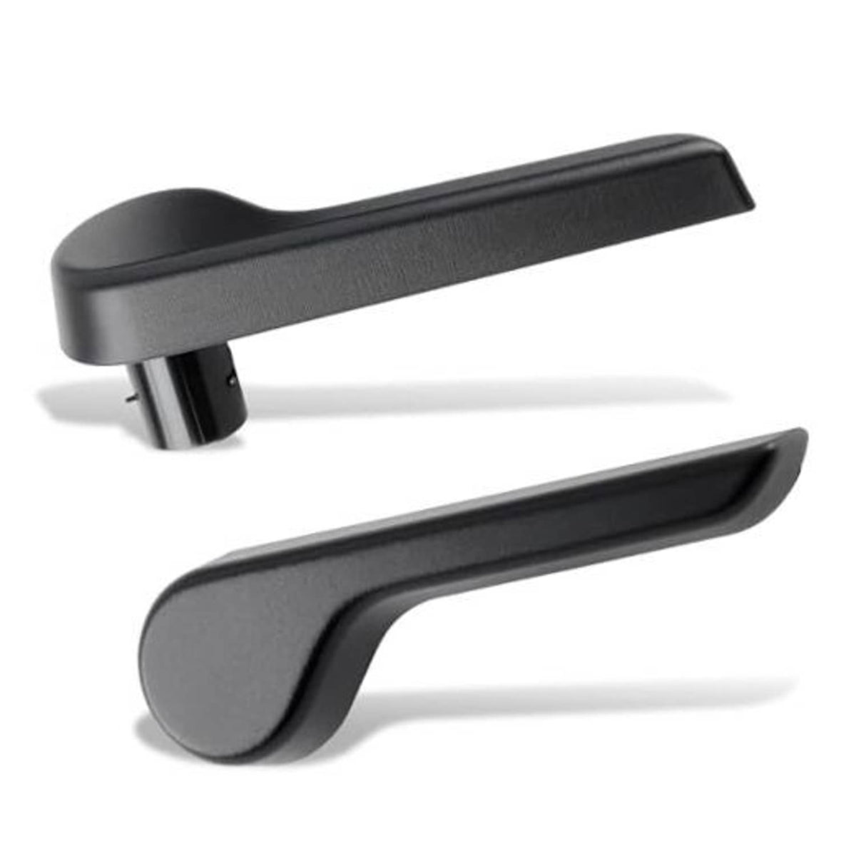Pair of black seat recliner lever handles, left and right shapes