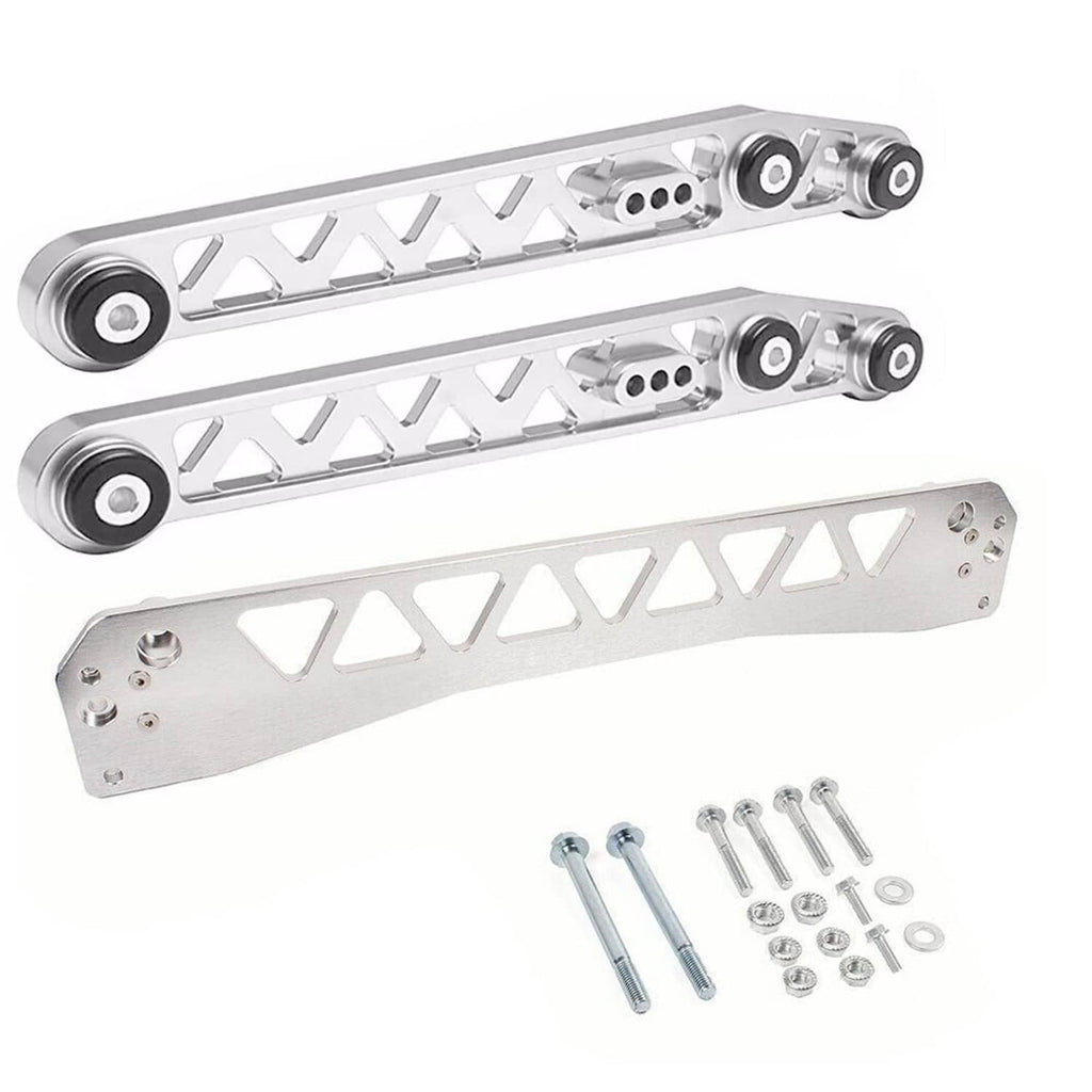 Silver rear lower control arm brace pair with round bushing mounts and hardware kit