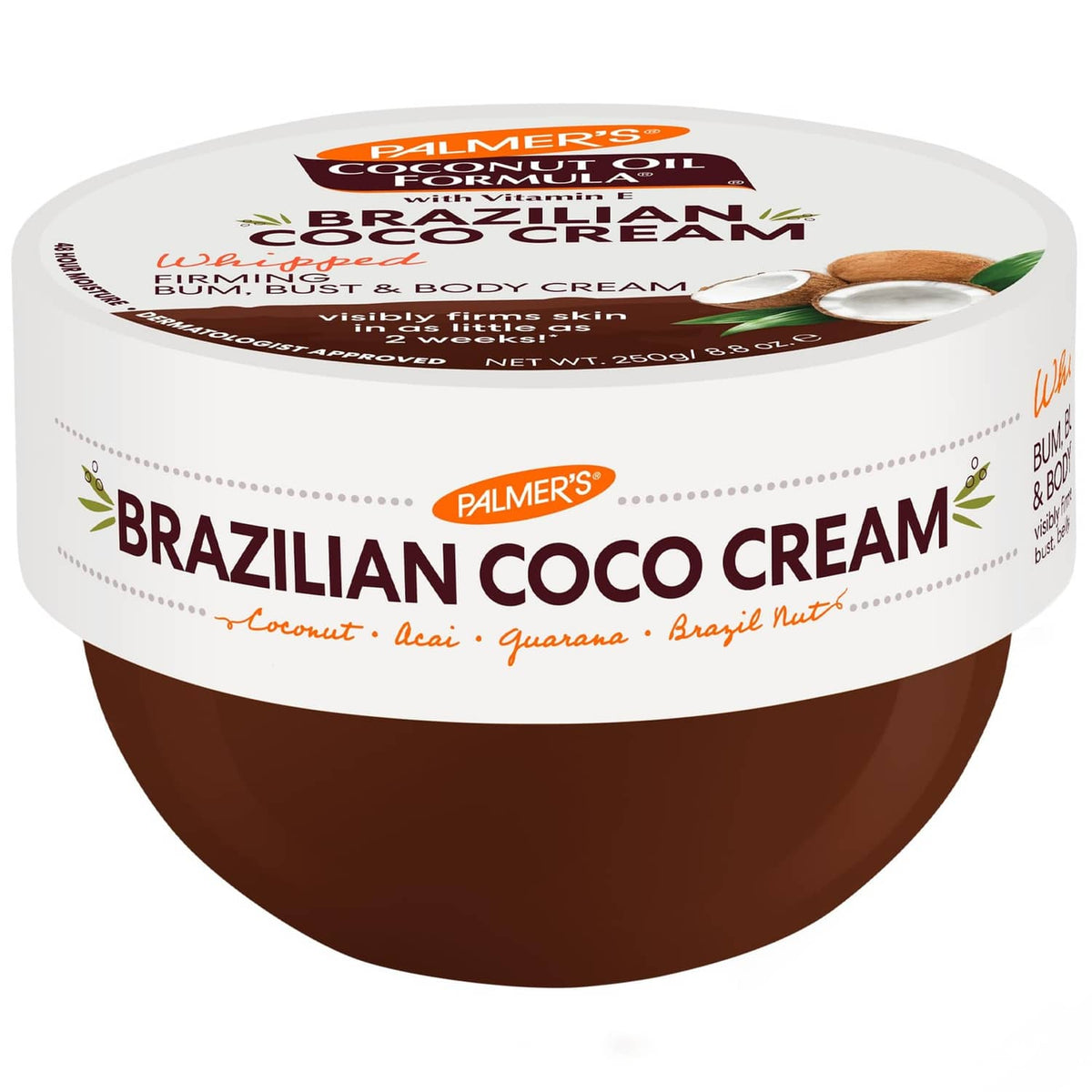 Palmer's Brazilian Coco Cream body cream tub, brown base with white lid label