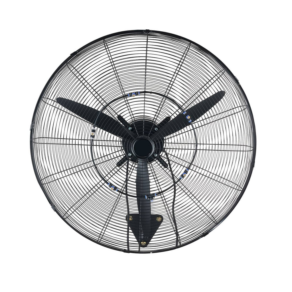 Wall-mounted oscillating fan with black grille and dark blades, circular wire guard.