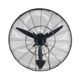 Wall-mounted oscillating fan with black grille and dark blades, circular wire guard.