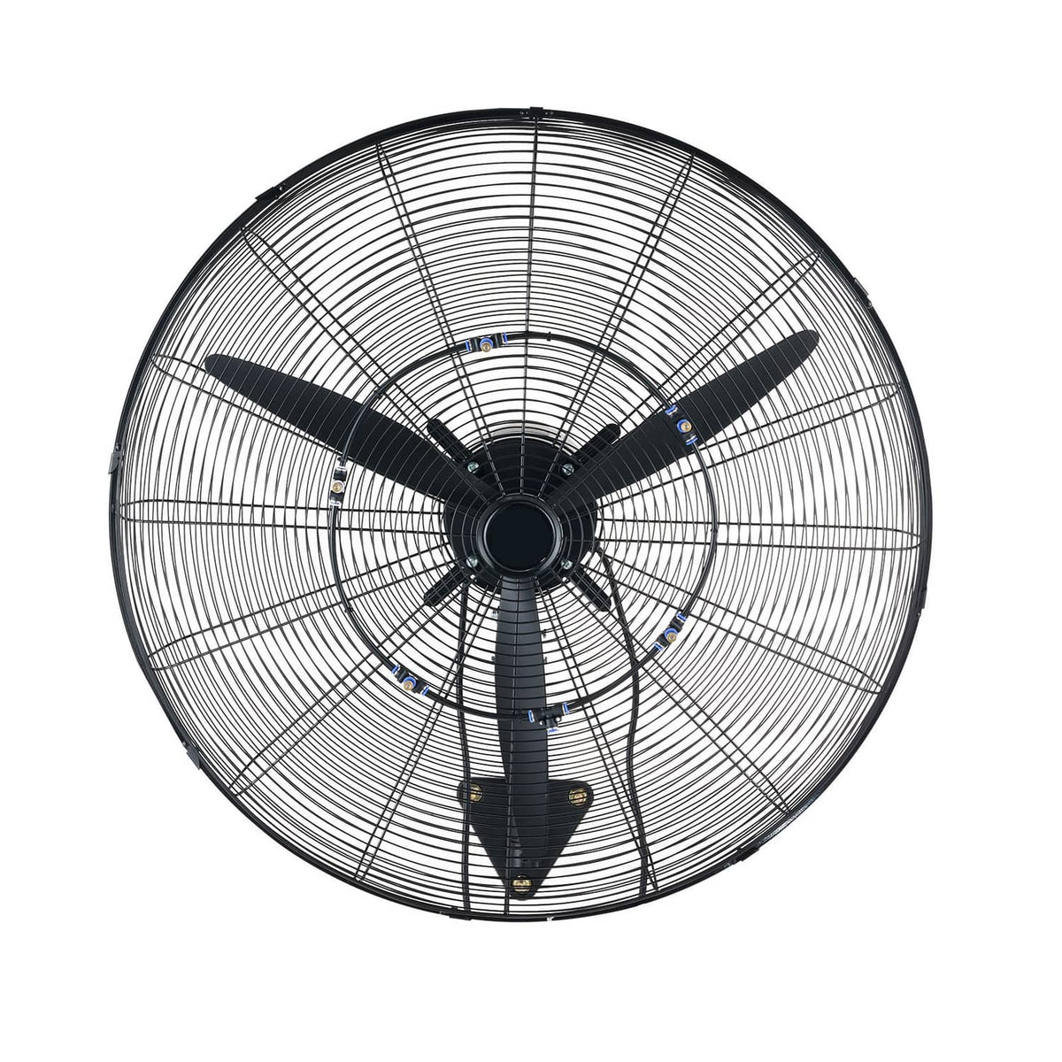 Wall-mounted oscillating fan with black grille and dark blades, circular wire guard.