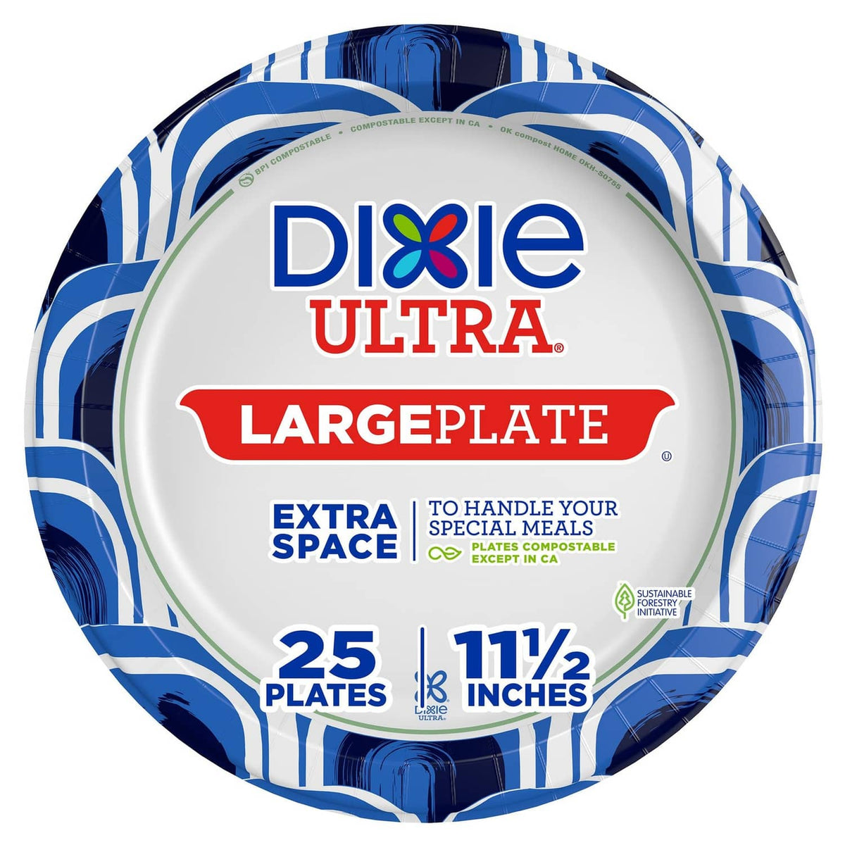 Blue-and-white patterned large paper plate, 11½ inches, 25 count pack