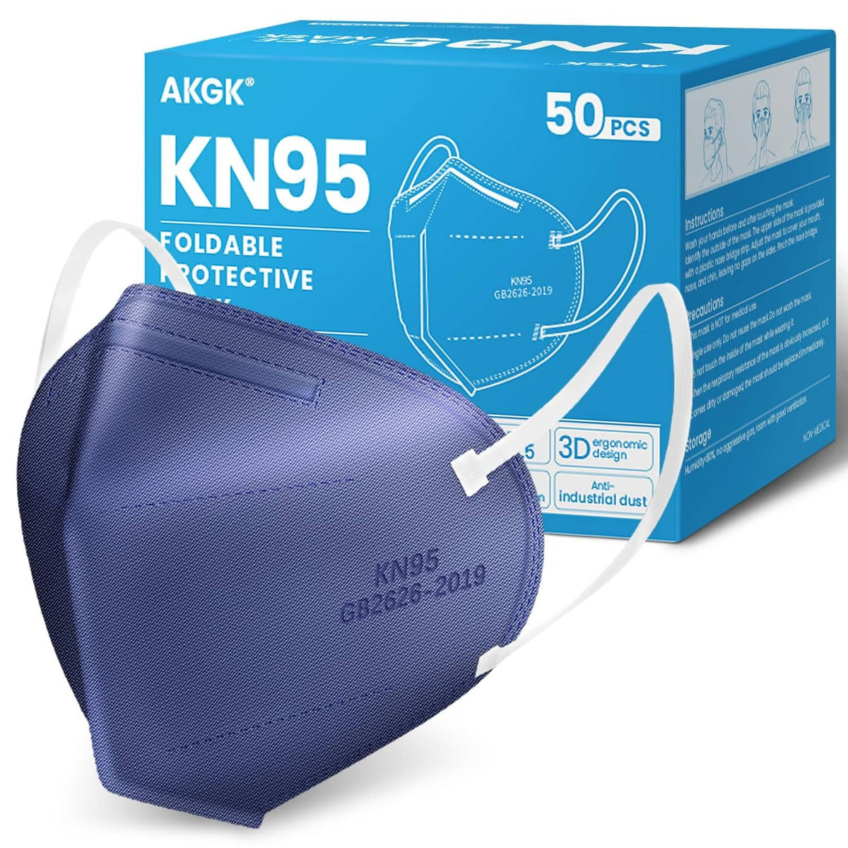 AKGK KN95 face mask, navy blue, foldable design with ear loops