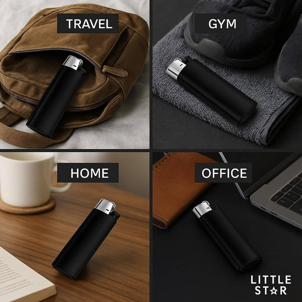 Black diversion lighter with silver top, shown with accessories for travel and home storage.