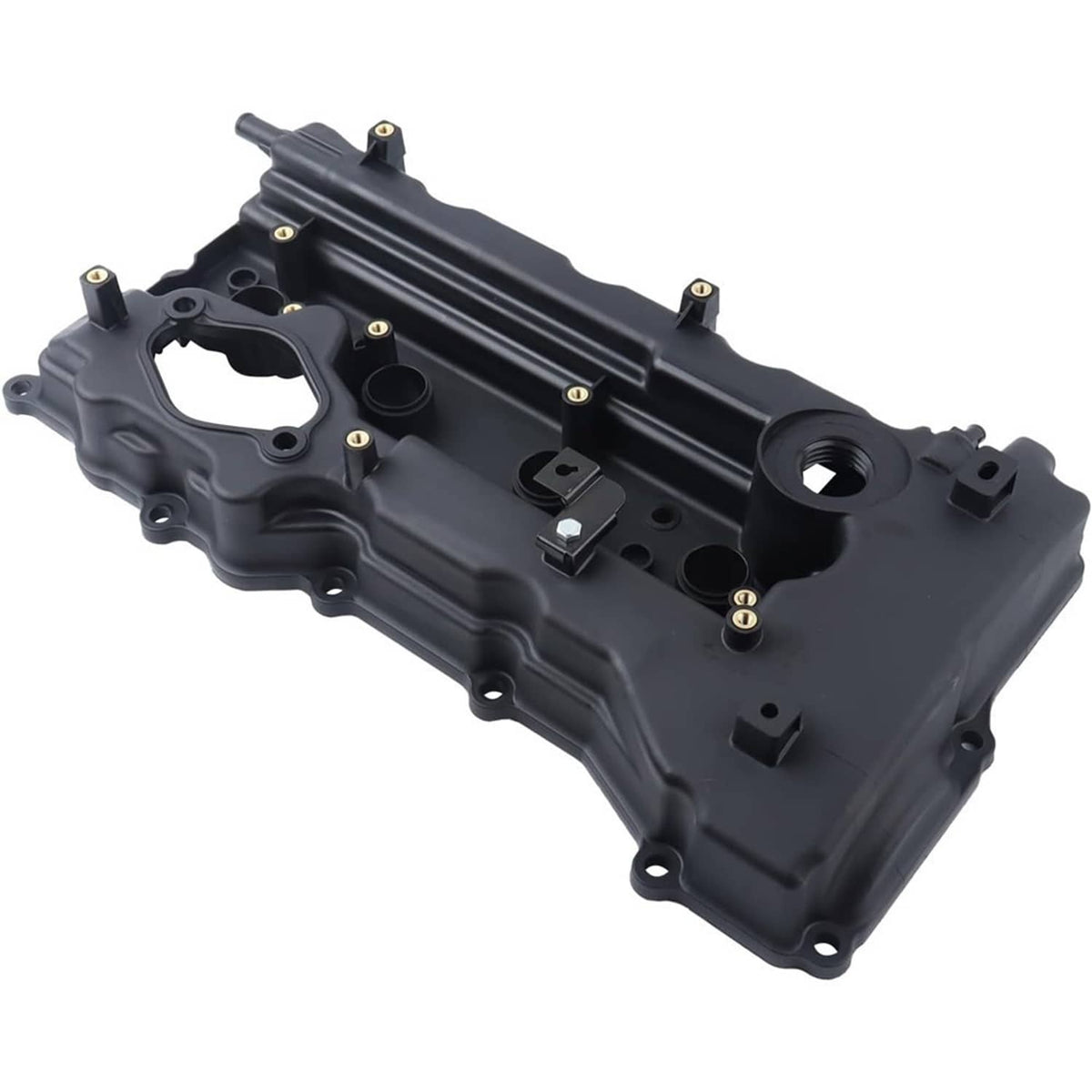 Black valve cover, angled view with oil fill opening and mounting tabs