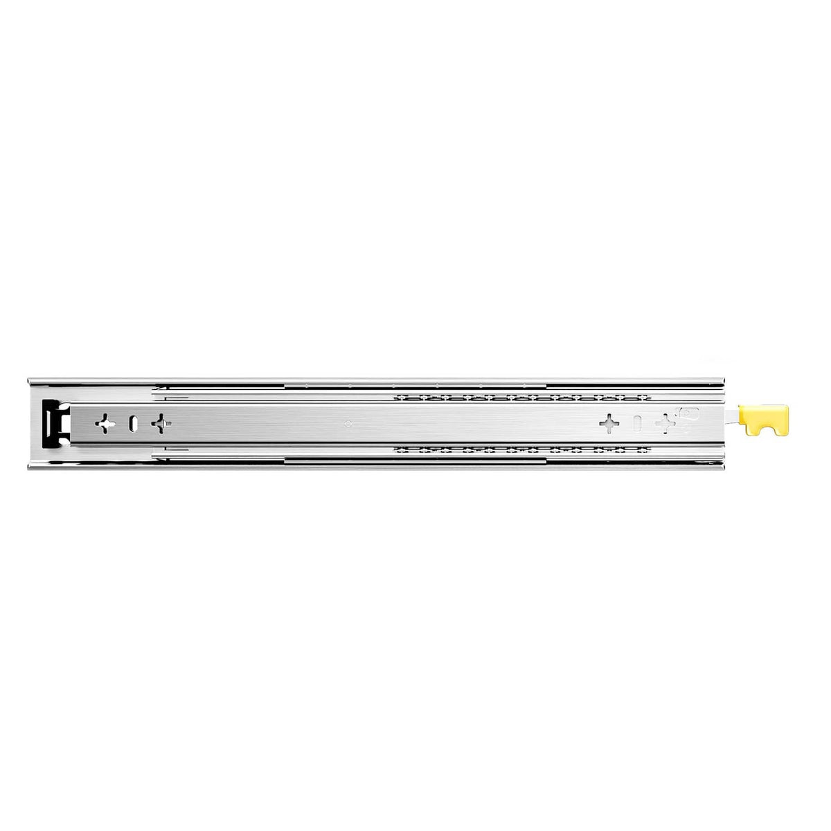 Single view of 20 in drawer slide rail set with yellow release latch