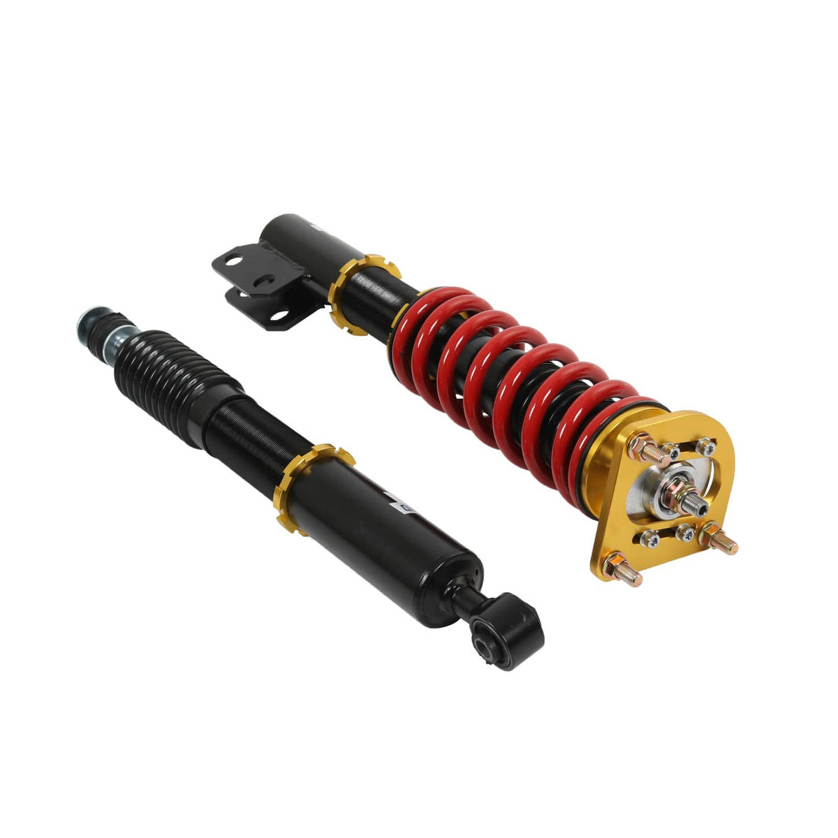 Pair of coilover strut shocks with red coil springs and black dampers, angled view