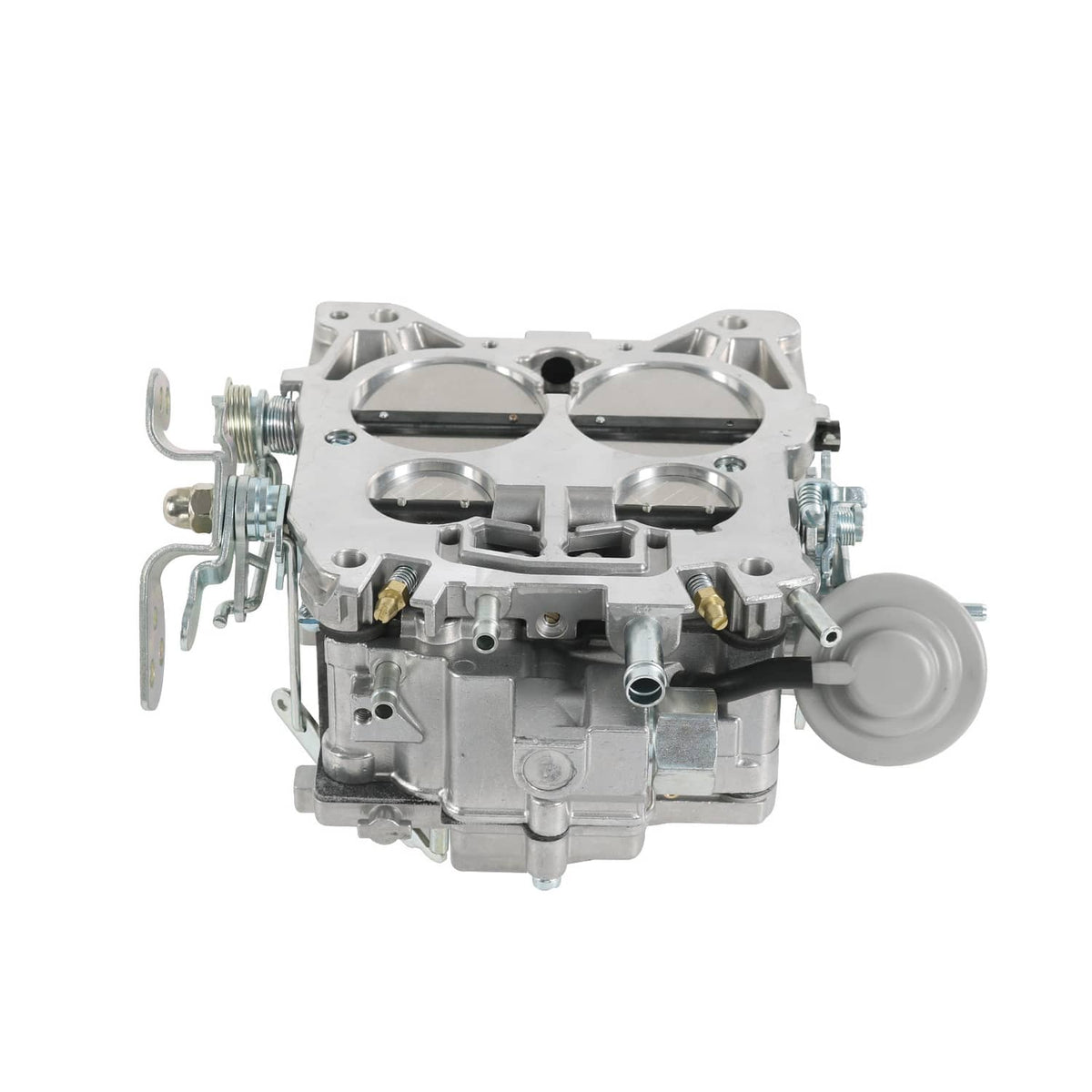 4-barrel carburetor assembly with throttle linkage and intake mounting ports